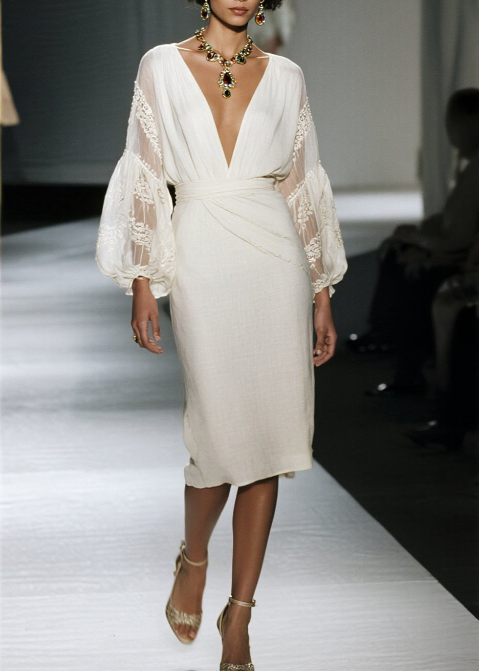 Organic V Neck Lace Patchwork Cotton Dress Fall