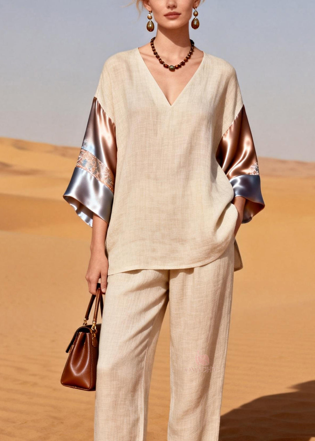 Organic V Neck Patchwork Linen Silk Two Pieces Set Summer