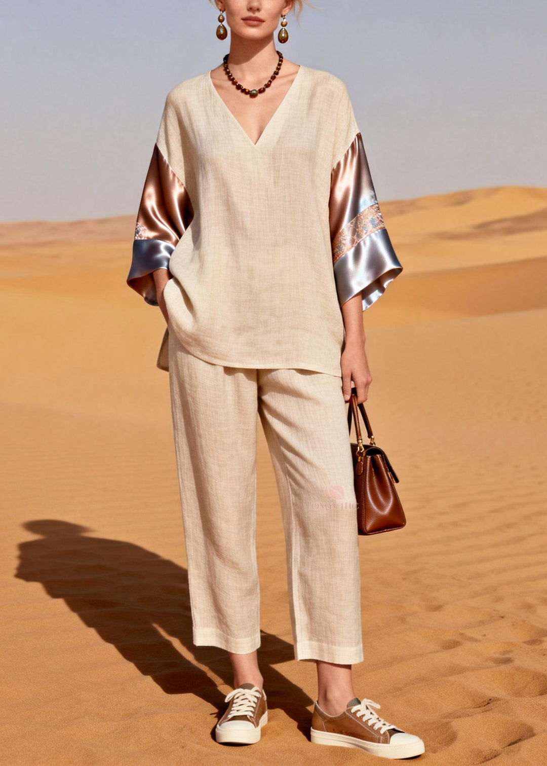 Organic V Neck Patchwork Linen Silk Two Pieces Set Summer
