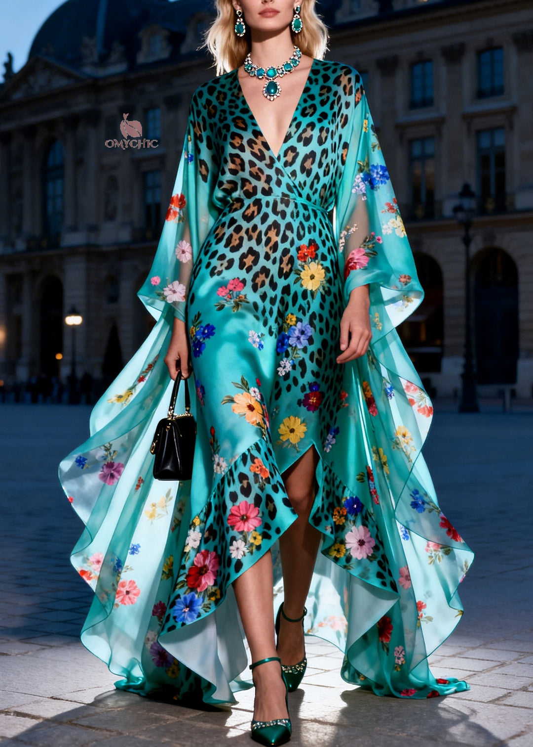 Organic V Neck Ruffled Print Patchwork Silk Maxi Dresses Summer