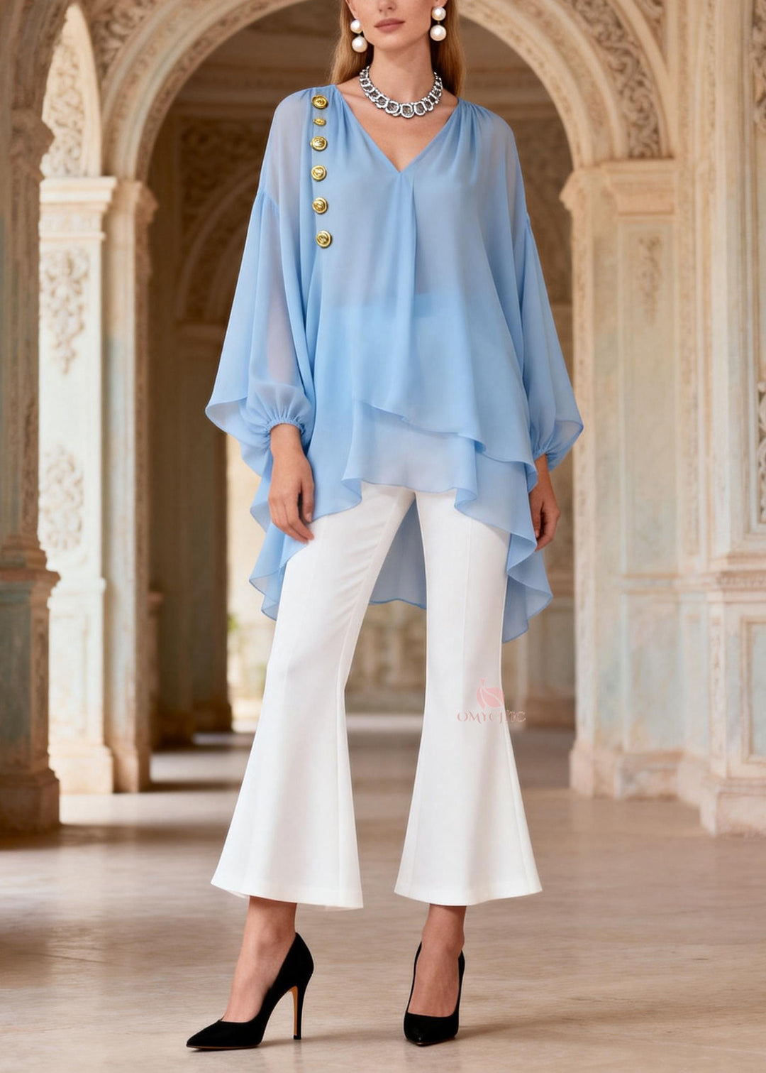 Organic V Neck Top And Pants Chiffon Two Piece Set Outfits Spring