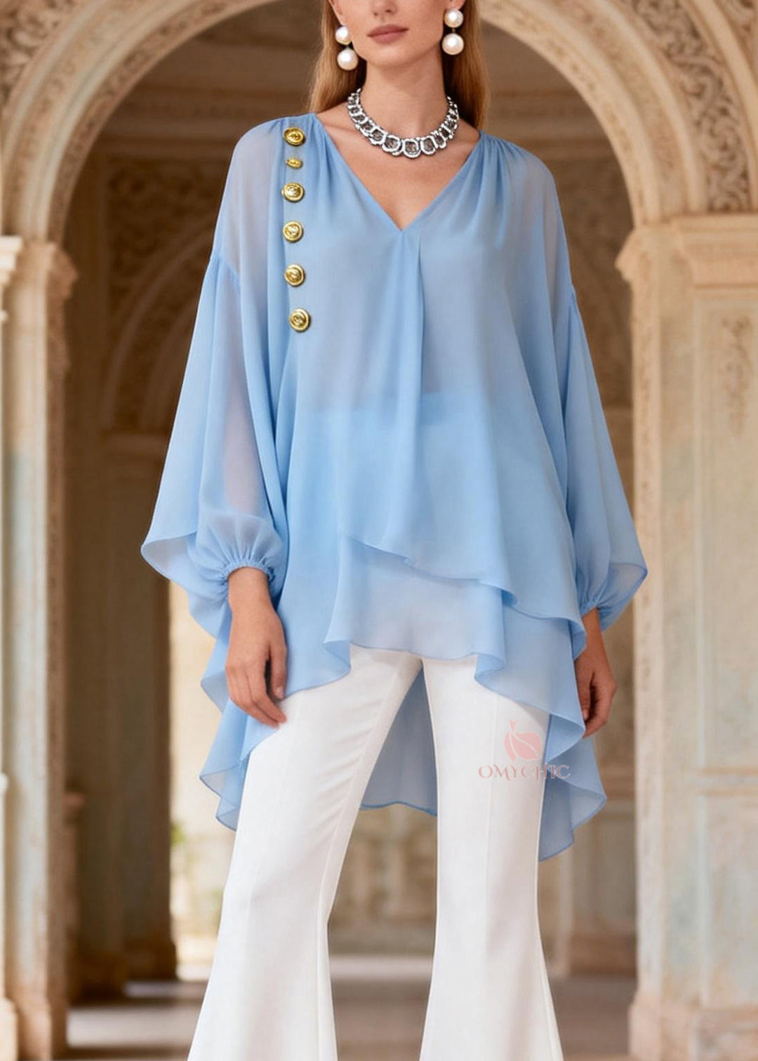 Organic V Neck Top And Pants Chiffon Two Piece Set Outfits Spring