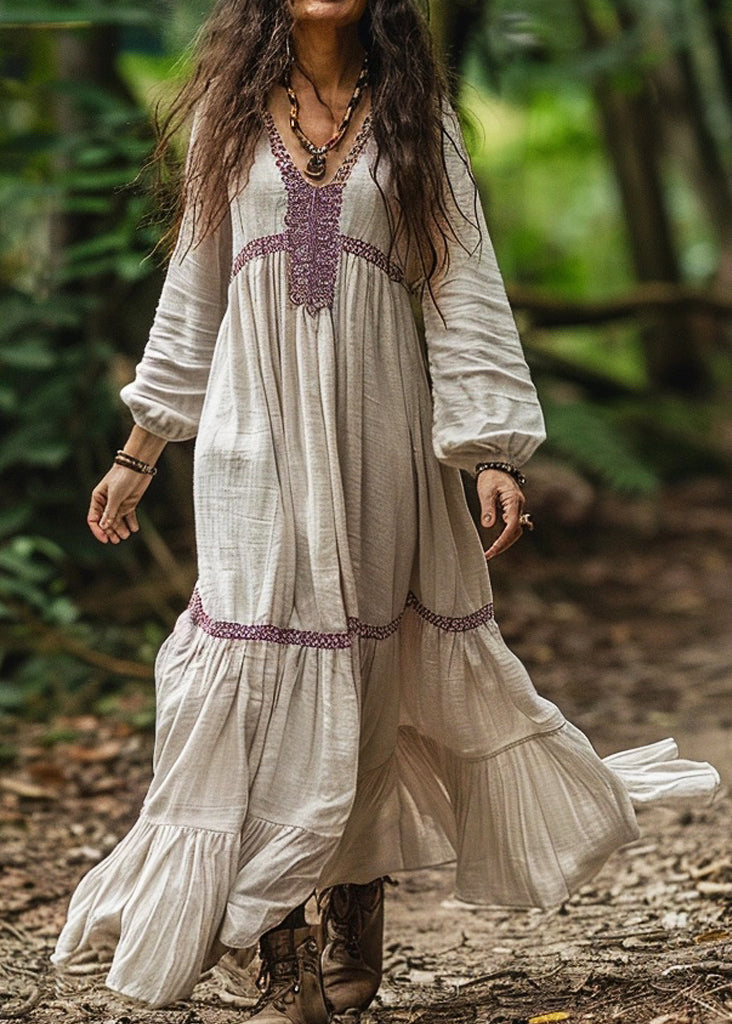 Organic V Neck Wrinkled Patchwork Cotton Long Dresses Spring