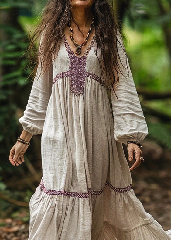 Organic V Neck Wrinkled Patchwork Cotton Long Dresses Spring
