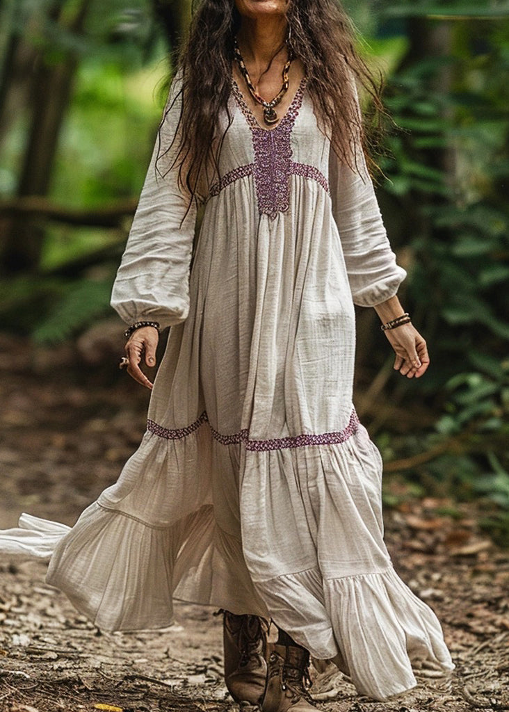 Organic V Neck Wrinkled Patchwork Cotton Long Dresses Spring