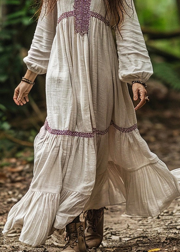 Organic V Neck Wrinkled Patchwork Cotton Long Dresses Spring