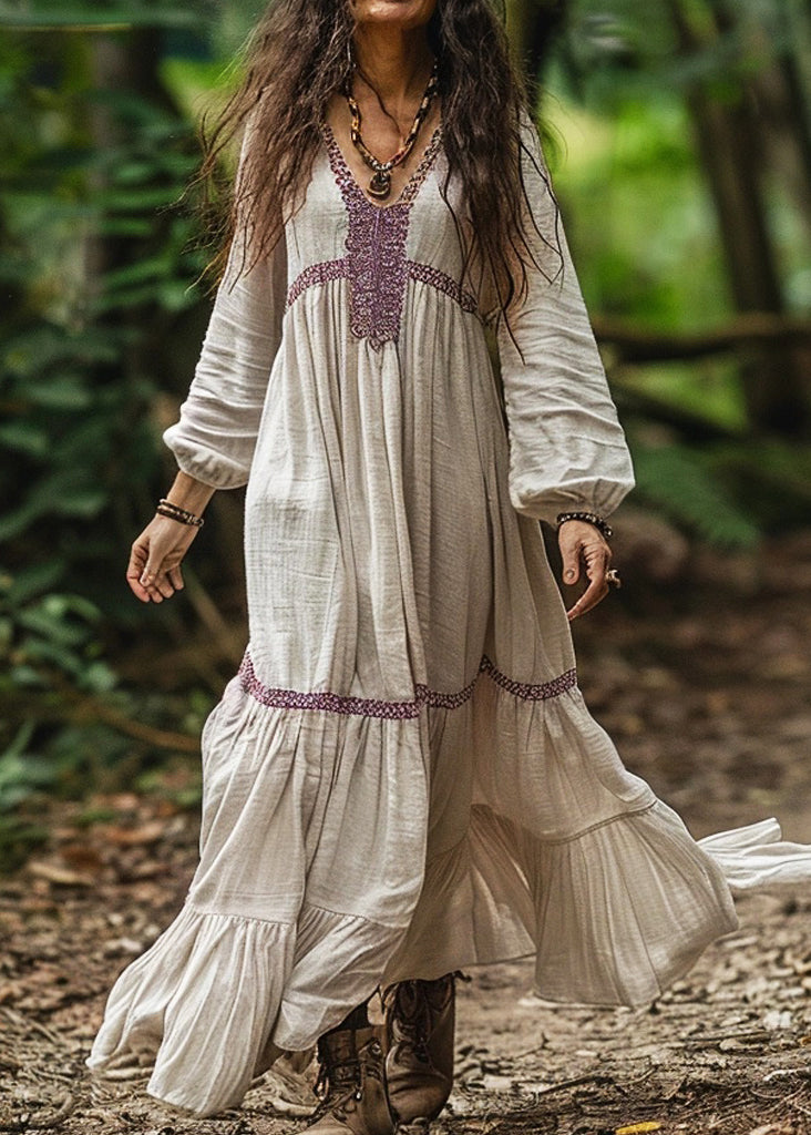 Organic V Neck Wrinkled Patchwork Cotton Long Dresses Spring