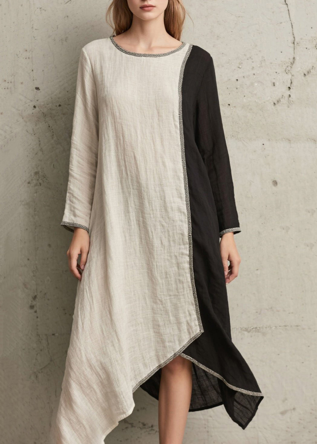 Organic White Asymmetrical Patchwork Cotton Long Dress Spring