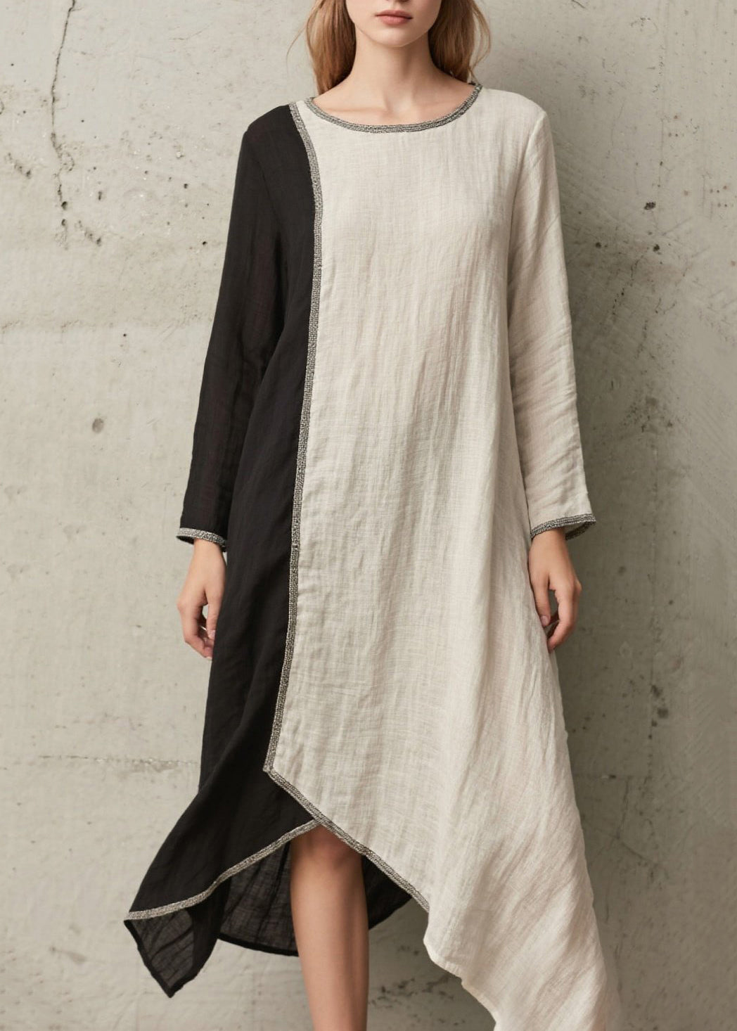 Organic White Asymmetrical Patchwork Cotton Long Dress Spring