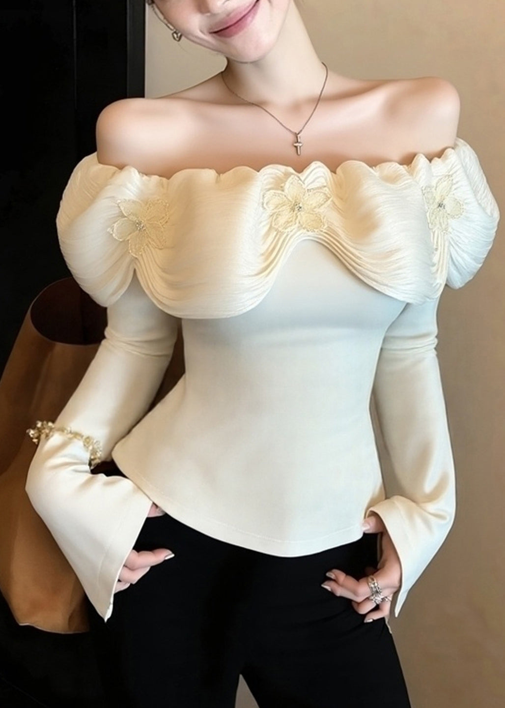 Organic White Cold Shoulder Floral Cotton Blouses Spring