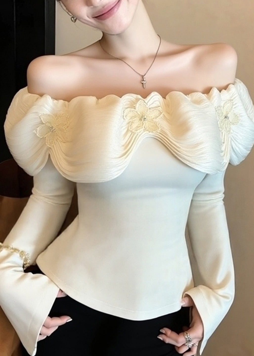 Organic White Cold Shoulder Floral Cotton Blouses Spring