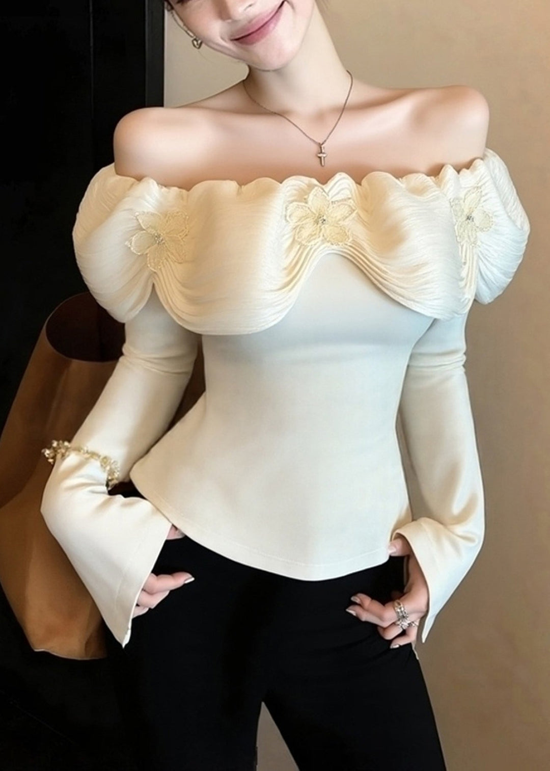 Organic White Cold Shoulder Floral Cotton Blouses Spring