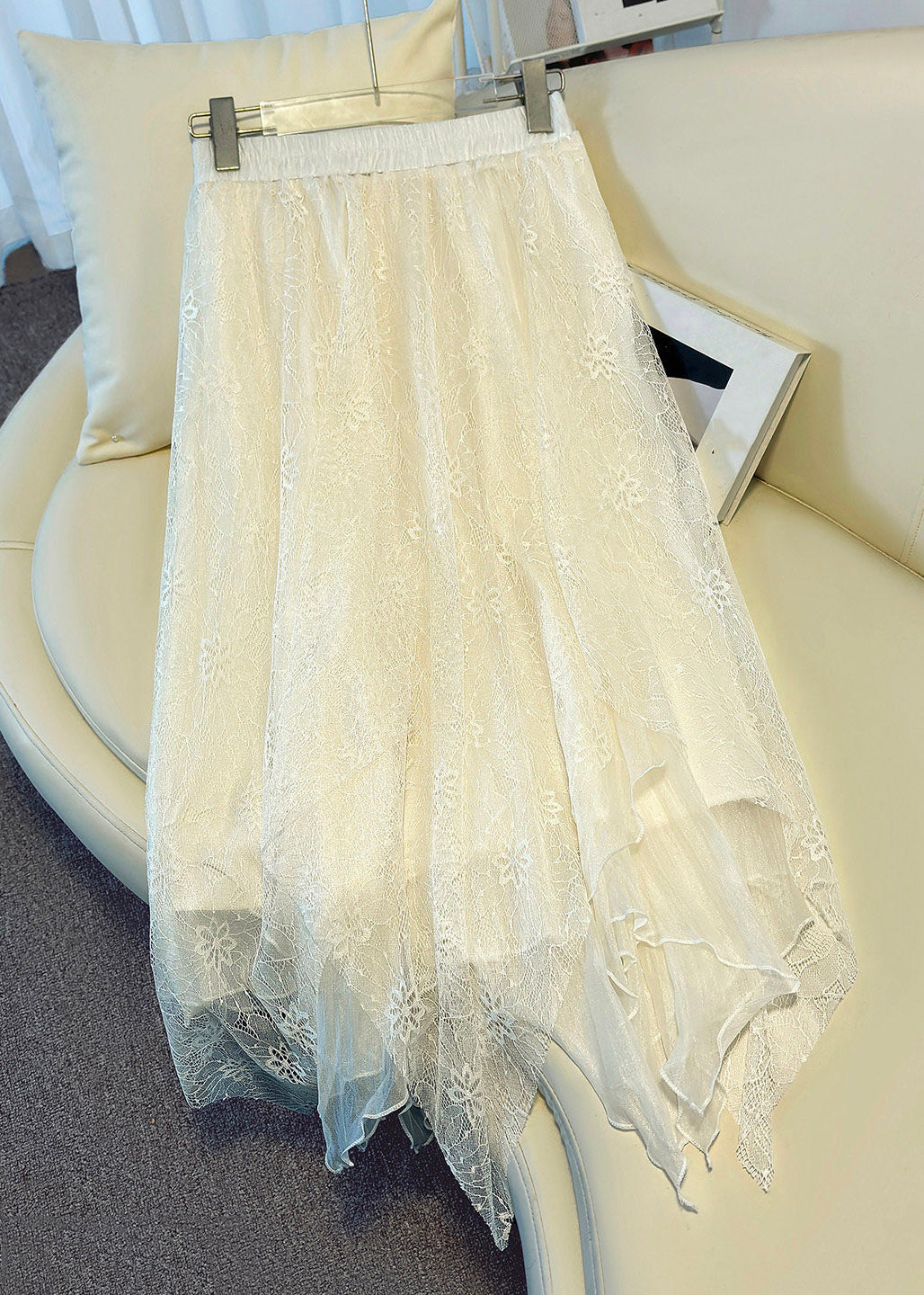 Organic White Elastic Waist Design Patchwork Lace Maxi Skirt Summer