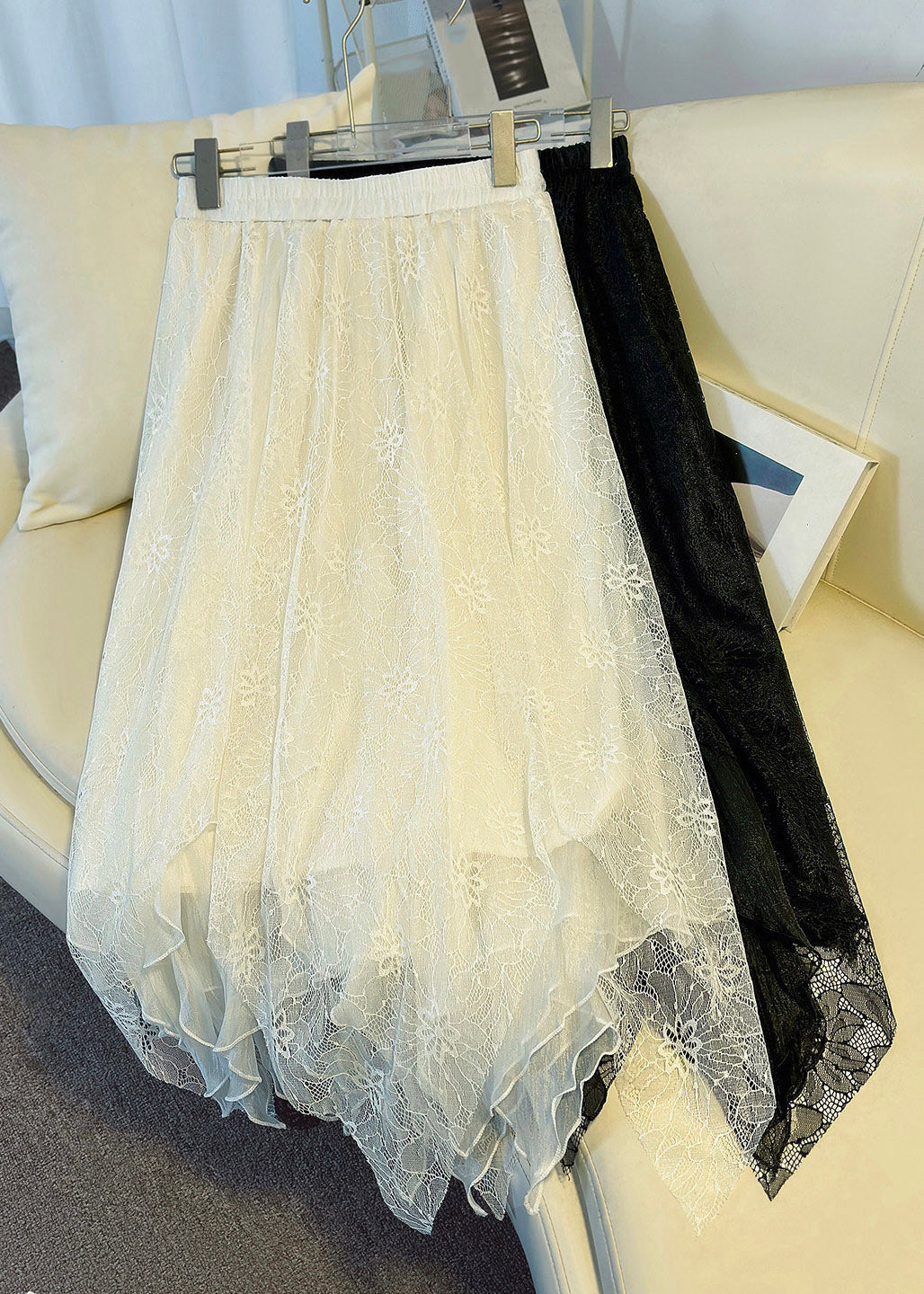 Organic White Elastic Waist Design Patchwork Lace Maxi Skirt Summer