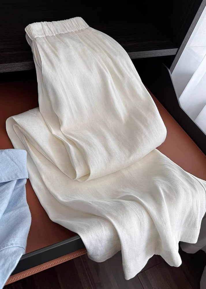 Organic White Elastic Waist Draping Linen Straight Pants Spring