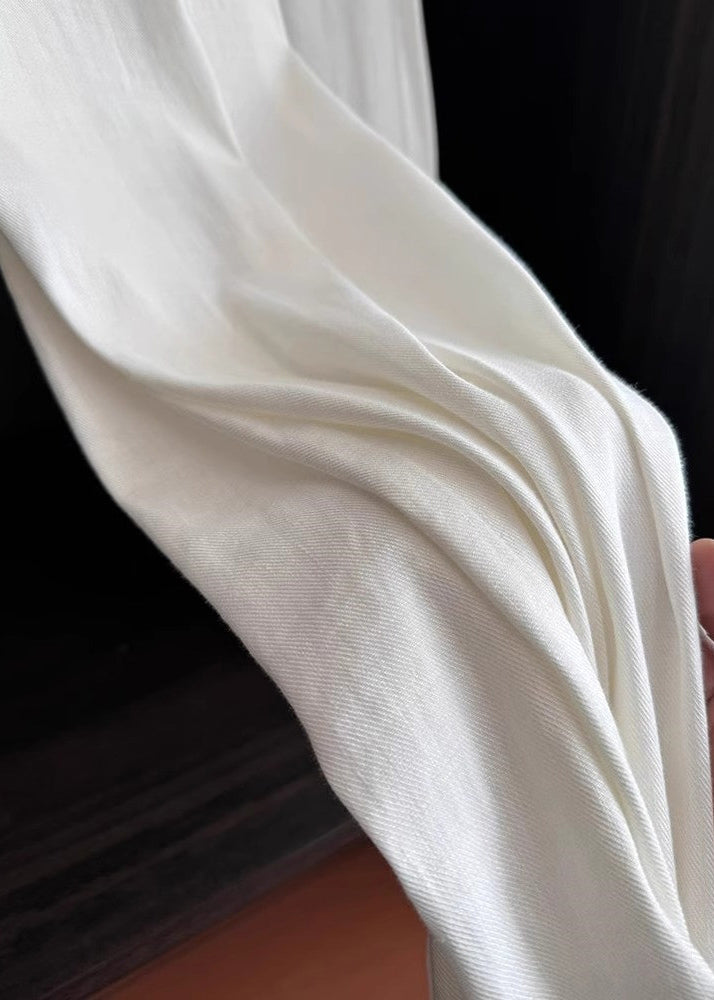 Organic White Elastic Waist Draping Linen Straight Pants Spring