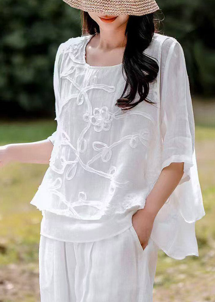Organic White O-Neck Embroidered Fake Two-Piece Linen Top Summer