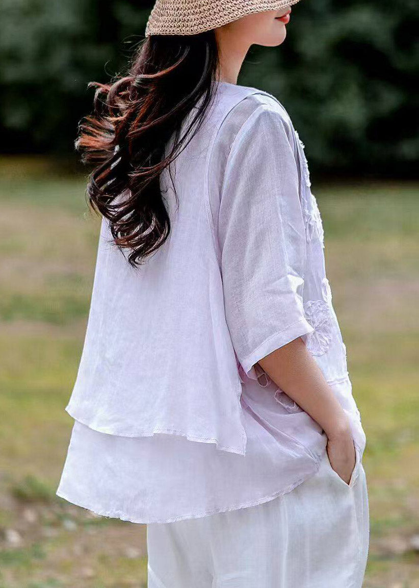 Organic White O-Neck Embroidered Fake Two-Piece Linen Top Summer