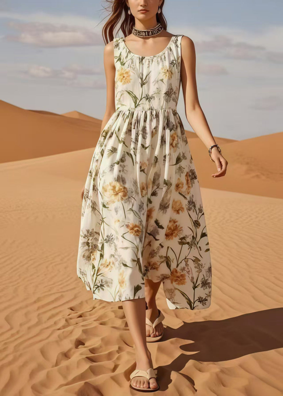 Organic White O-Neck Print Cotton Maxi Dress Summer