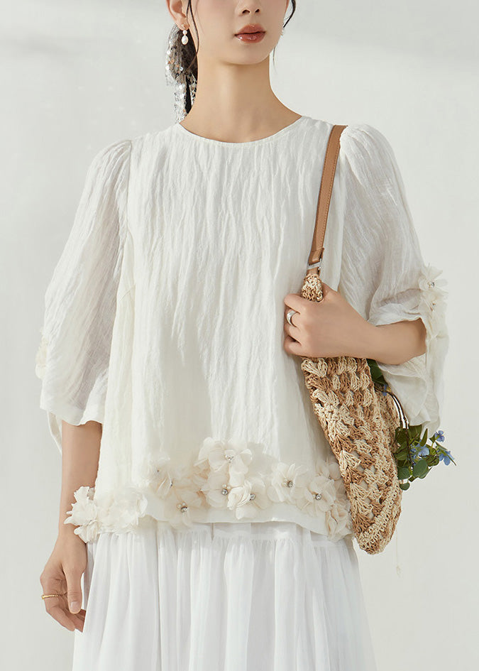 Organic White O-Neck Rivet Floral Top Summer