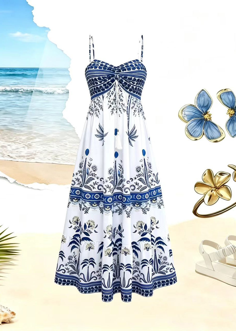 Organic White Print Drawstring Spaghetti Strap Chiffon Dress Summer