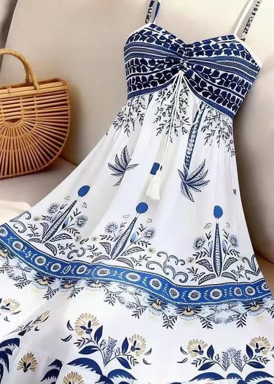 Organic White Print Drawstring Spaghetti Strap Chiffon Dress Summer