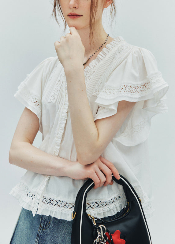 Organic White Ruffled Patchwork Cotton Shirt Top Butterfly Sleeve