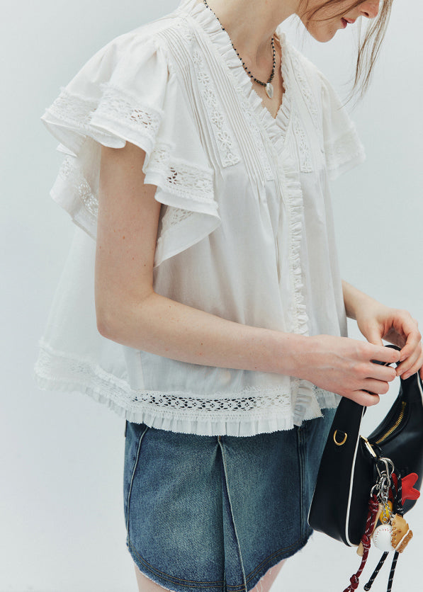 Organic White Ruffled Patchwork Cotton Shirt Top Butterfly Sleeve