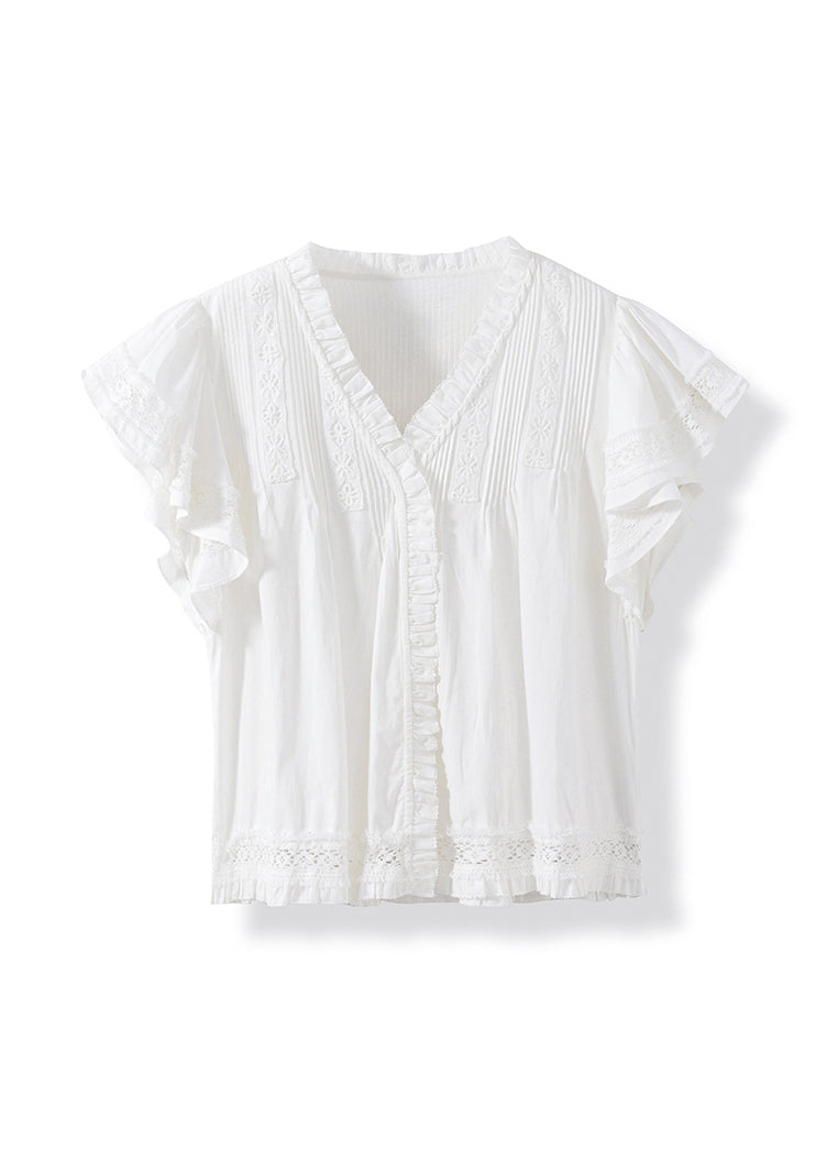 Organic White Ruffled Patchwork Cotton Shirt Top Butterfly Sleeve