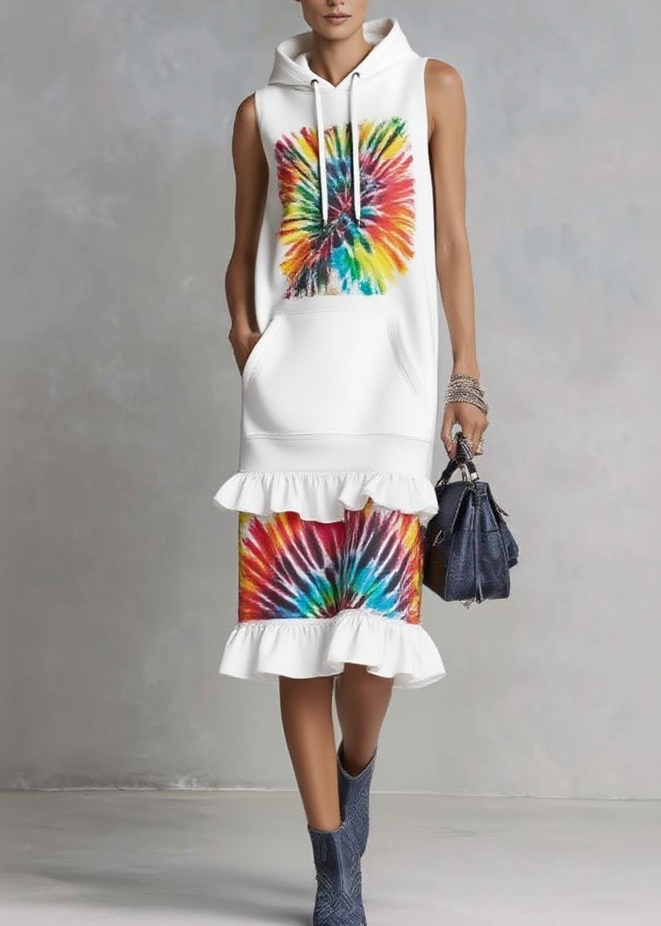 Organic White Ruffled Pocket Drawstring Holiday Long Dress Sleeveless - Omychic