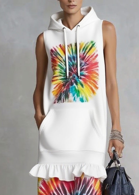 Organic White Ruffled Pocket Drawstring Holiday Long Dress Sleeveless - Omychic