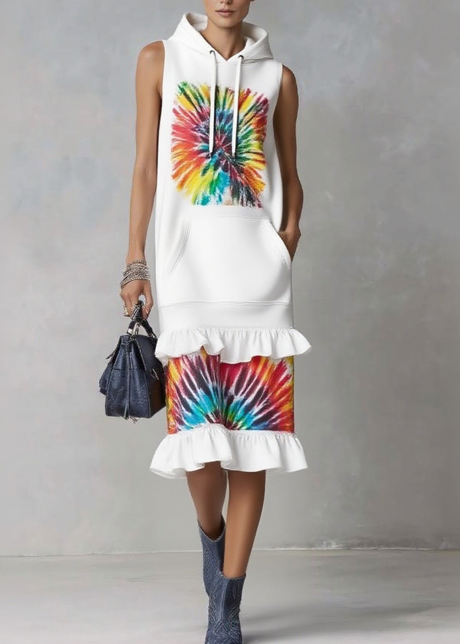 Organic White Ruffled Pocket Drawstring Holiday Long Dress Sleeveless - Omychic