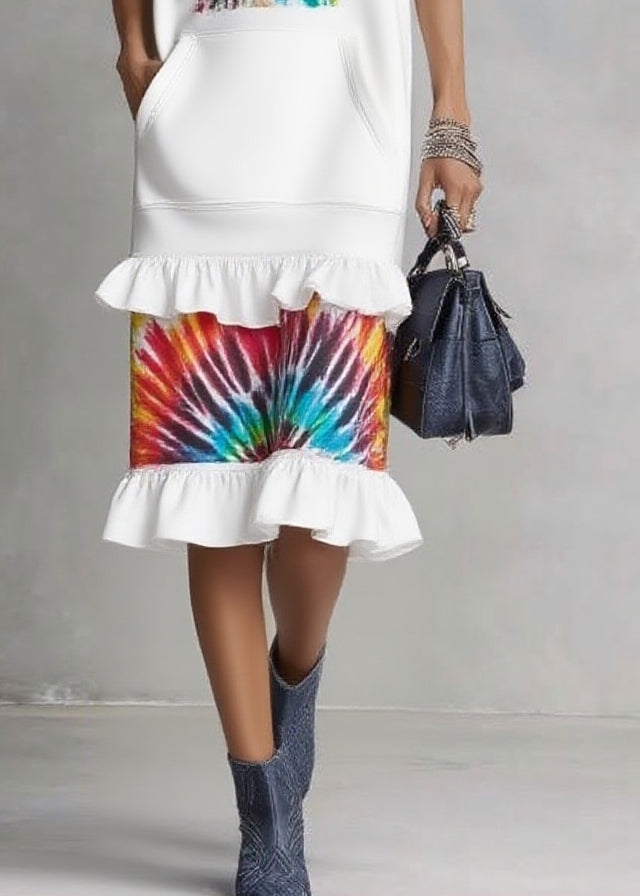 Organic White Ruffled Pocket Drawstring Holiday Long Dress Sleeveless - Omychic