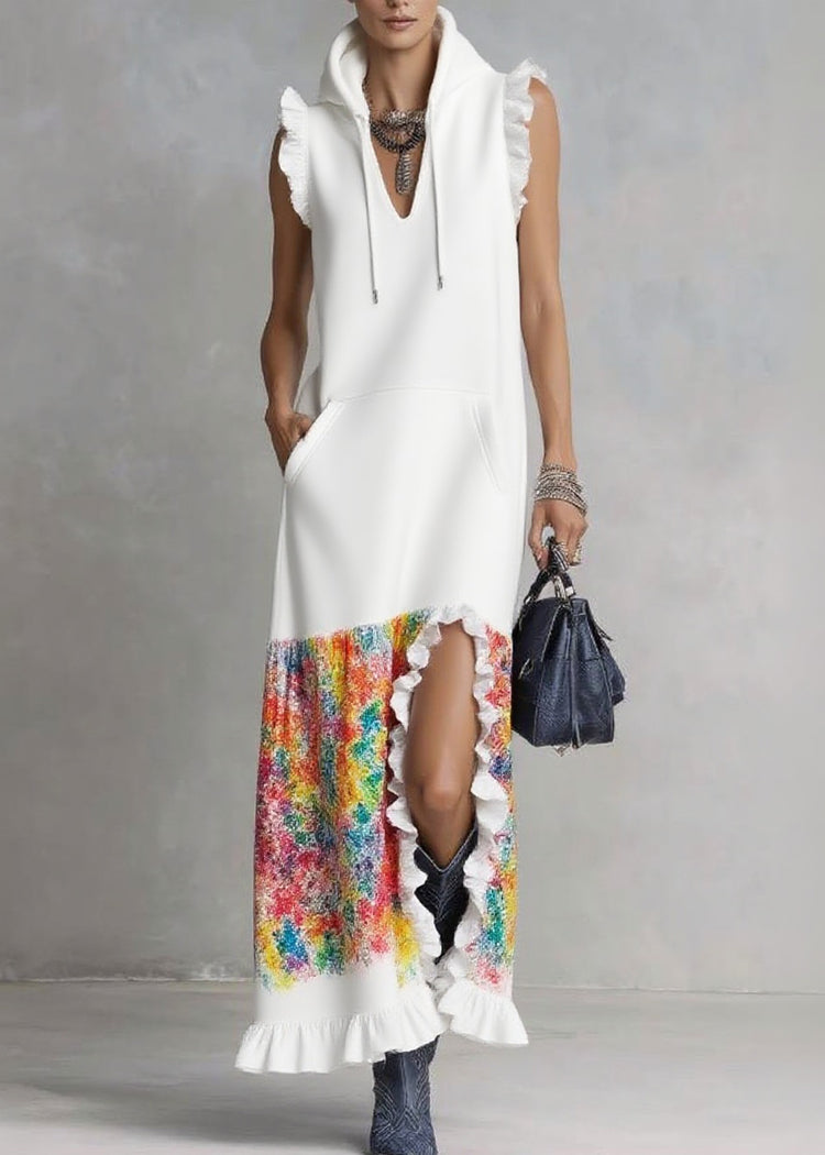 Organic White Ruffled Print Side Open Hooded Long Dresses Summer - Omychic
