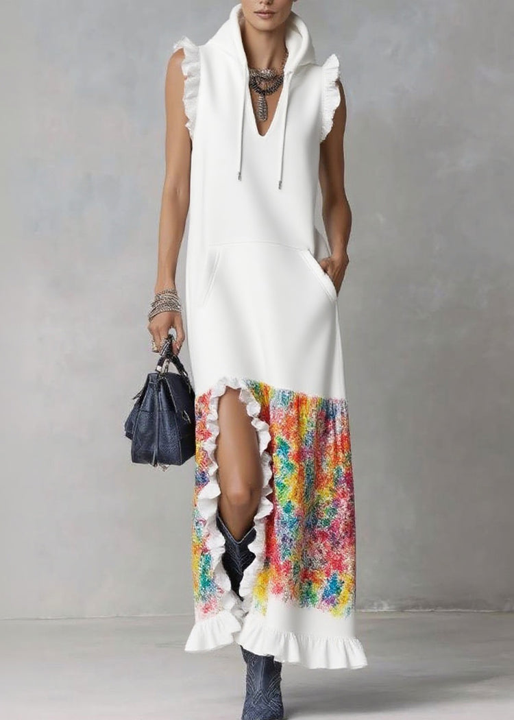 Organic White Ruffled Print Side Open Hooded Long Dresses Summer - Omychic
