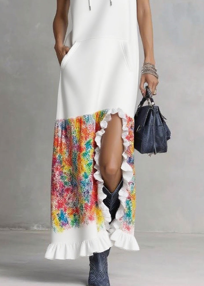Organic White Ruffled Print Side Open Hooded Long Dresses Summer - Omychic
