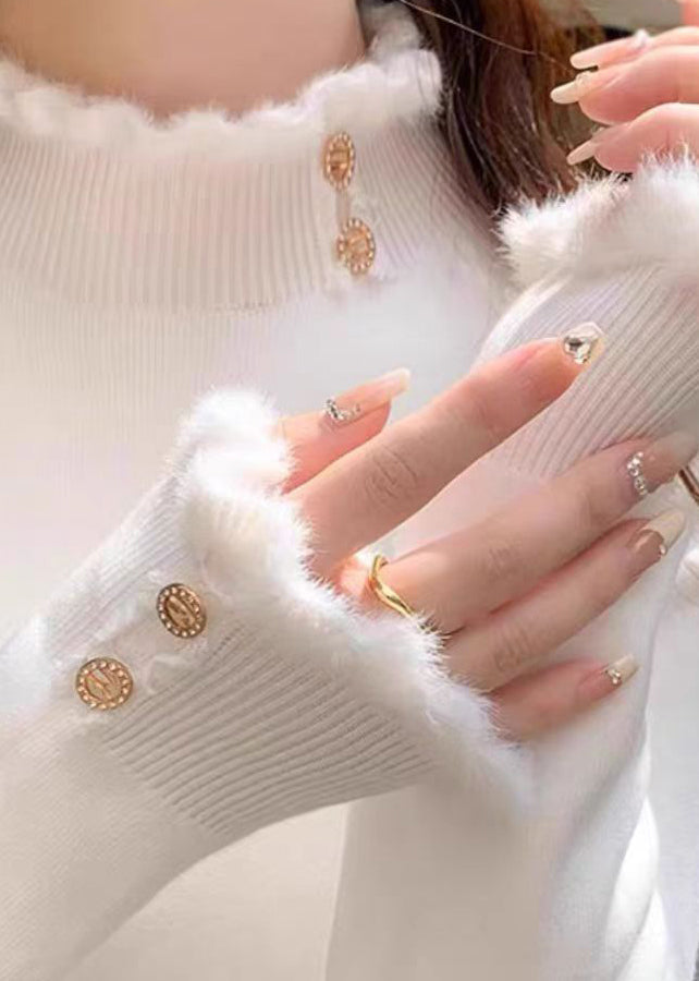 Organic White Turtleneck Ruffled Patchwork Solid Cotton Knit Sweater Spring