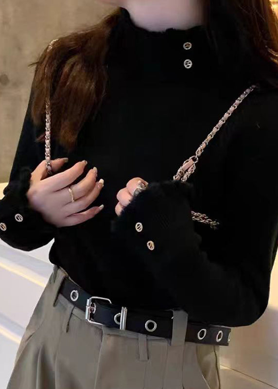 Organic White Turtleneck Ruffled Patchwork Solid Cotton Knit Sweater Spring