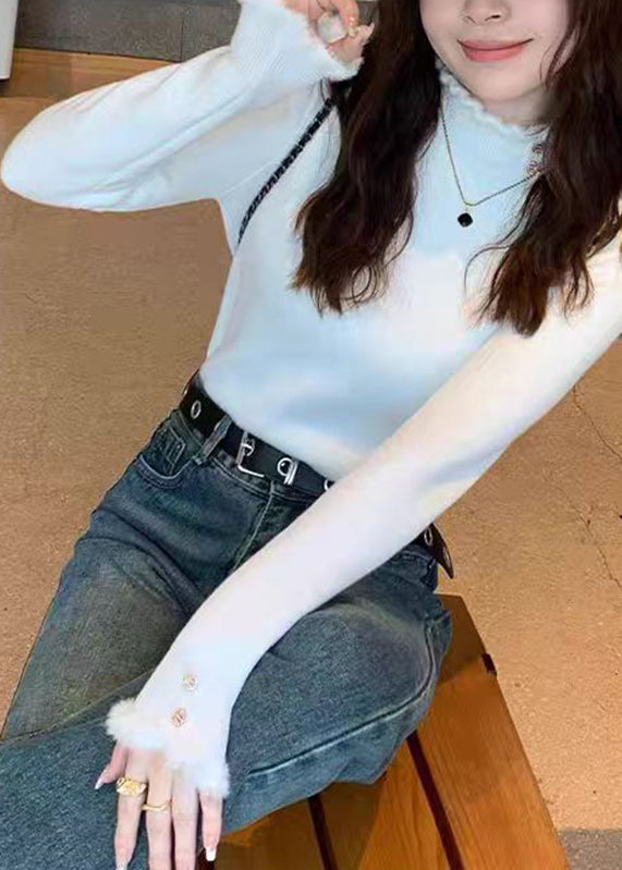 Organic White Turtleneck Ruffled Patchwork Solid Cotton Knit Sweater Spring