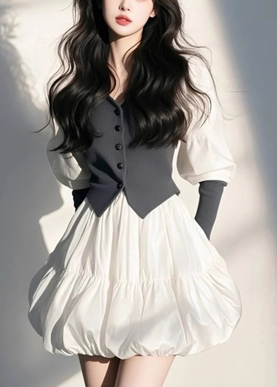 Organic White V Neck Button Mid Dress Puff Sleeve