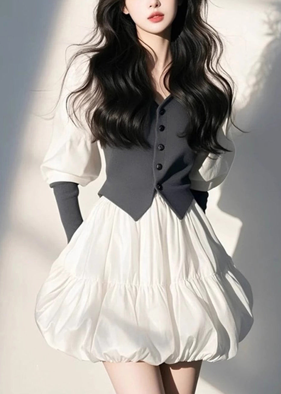 Organic White V Neck Button Mid Dress Puff Sleeve