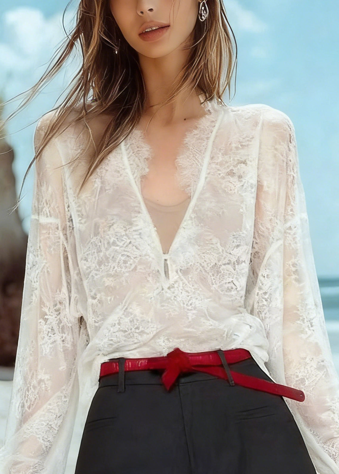 Organic White V Neck LaceTop And Shorts Two Pieces Set Spring - Omychic