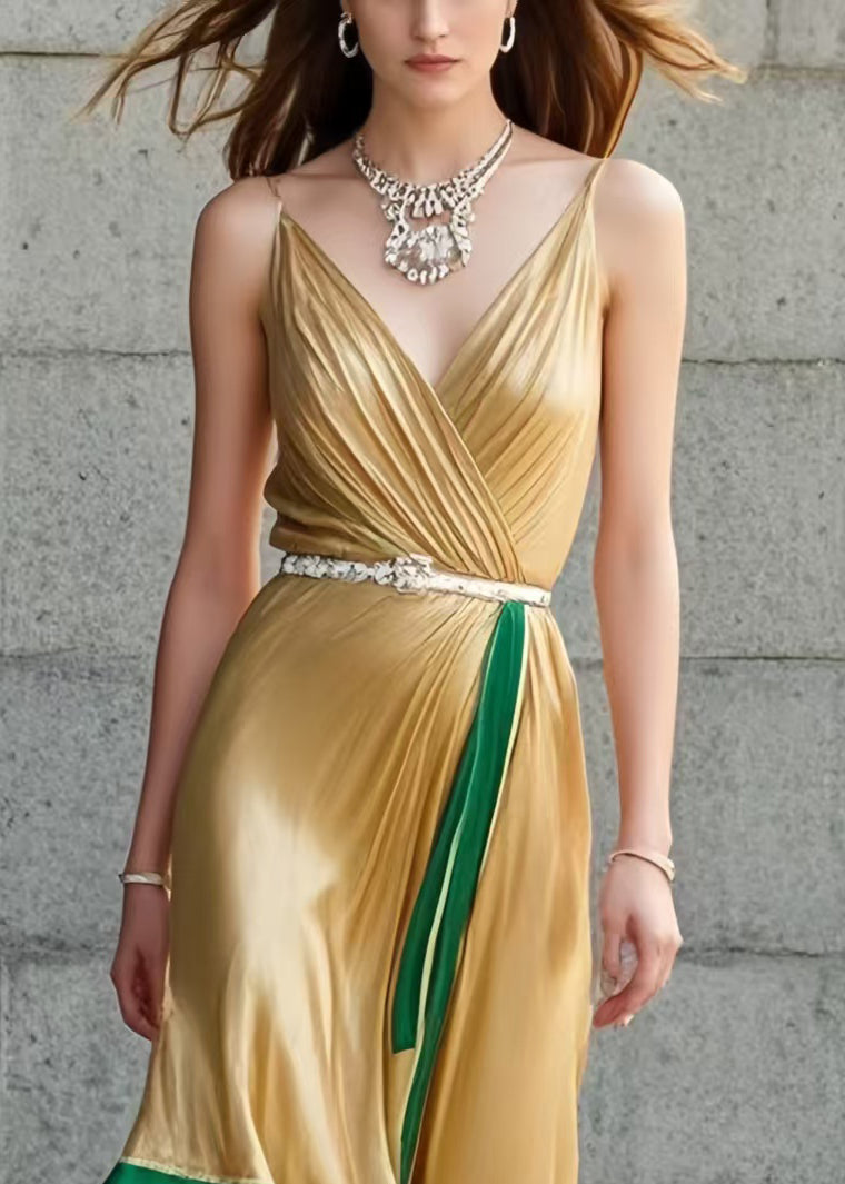 Organic Yellow Asymmetrical Patchwork Silk Spaghetti Strap Dress Summer