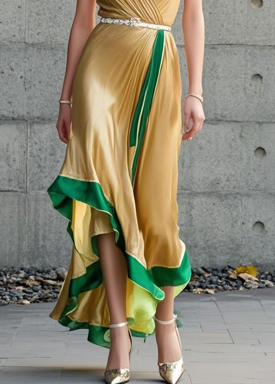 Organic Yellow Asymmetrical Patchwork Silk Spaghetti Strap Dress Summer