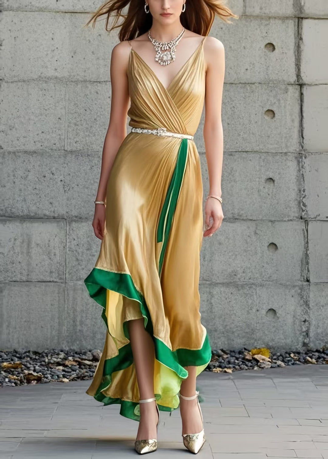 Organic Yellow Asymmetrical Patchwork Silk Spaghetti Strap Dress Summer
