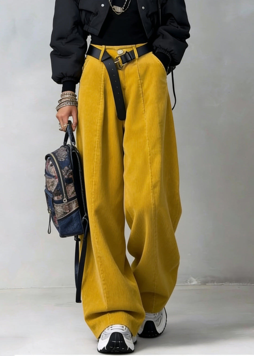 Organic Yellow High Waist Pockets Patchwork Corduroy Wide Leg Pants Spring - Omychic