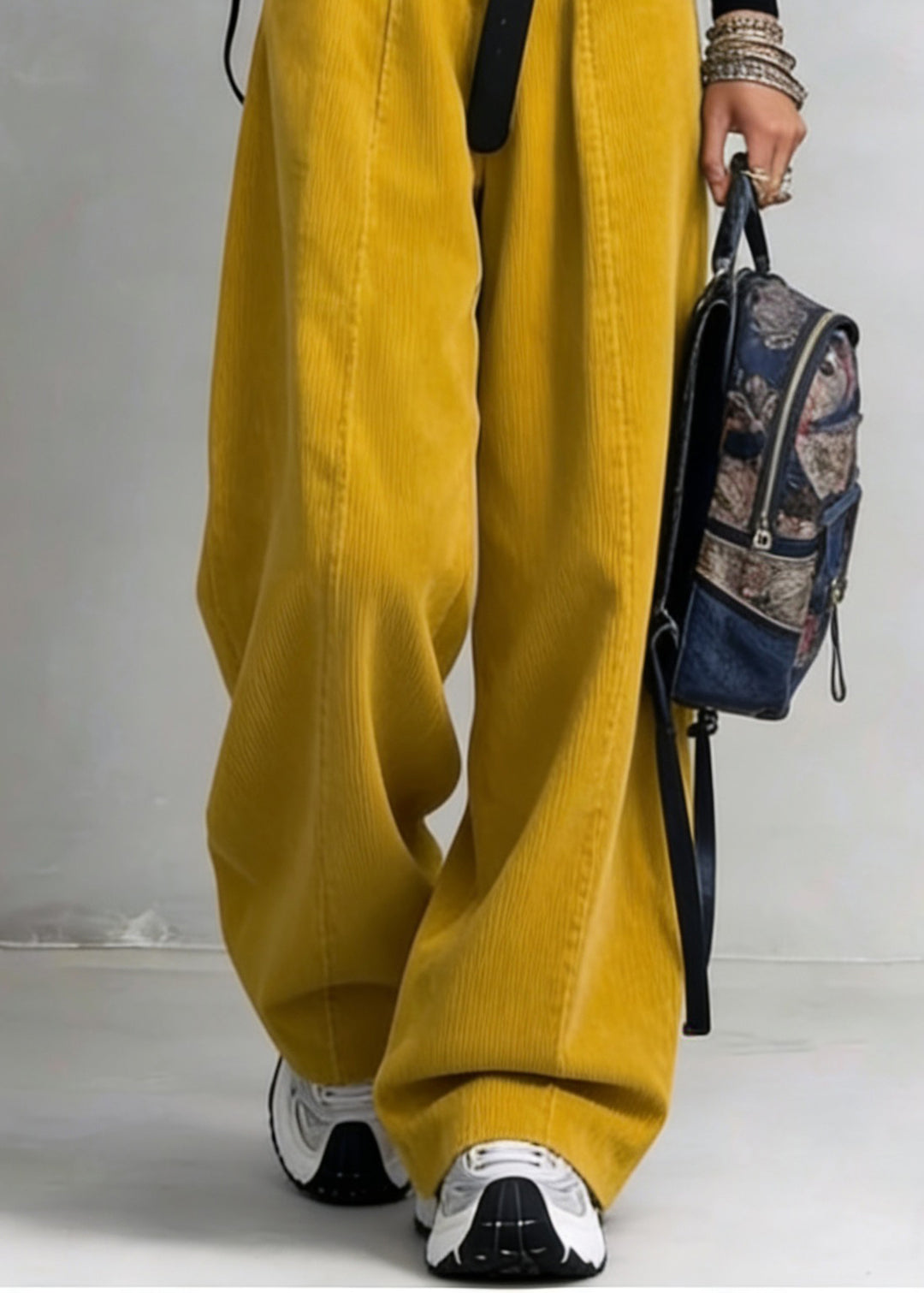 Organic Yellow High Waist Pockets Patchwork Corduroy Wide Leg Pants Spring - Omychic