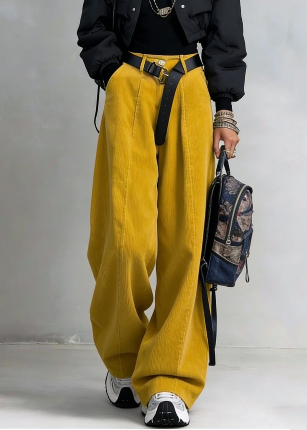 Organic Yellow High Waist Pockets Patchwork Corduroy Wide Leg Pants Spring - Omychic