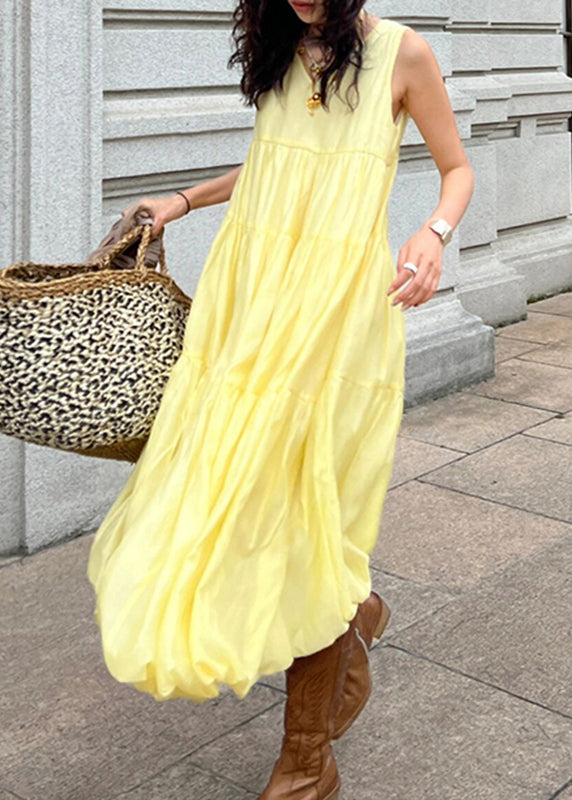 Organic Yellow O-Nec Patchwork Solid Long Holiday Dress Sleeveless