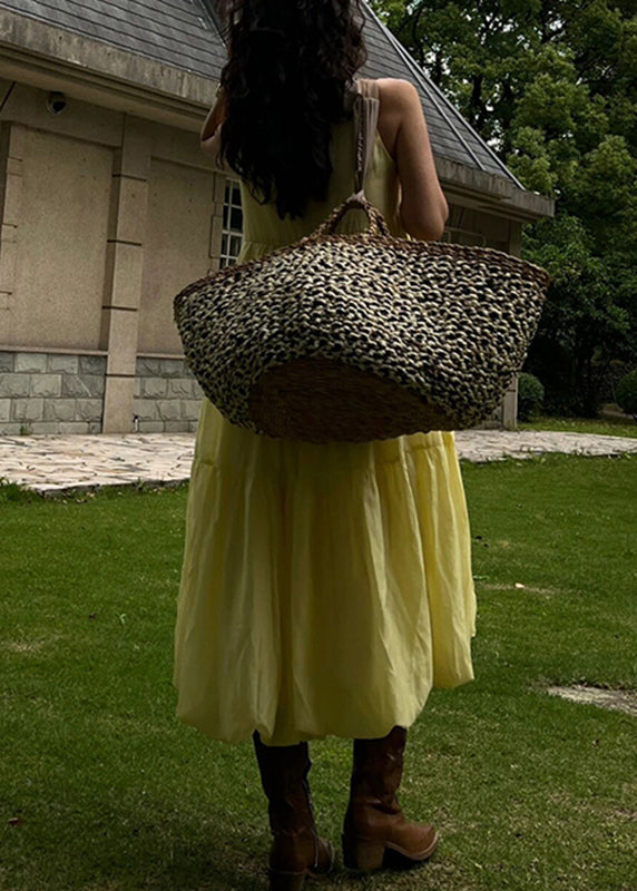 Organic Yellow O-Nec Patchwork Solid Long Holiday Dress Sleeveless